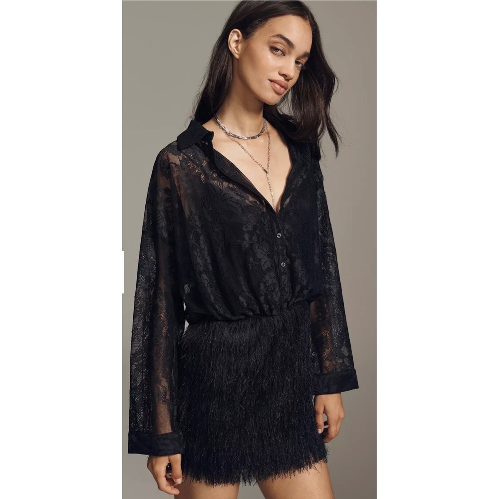 Maeve Lace Fringe Mini Dress Womens Medium Black NWT Anthropologie Button Front